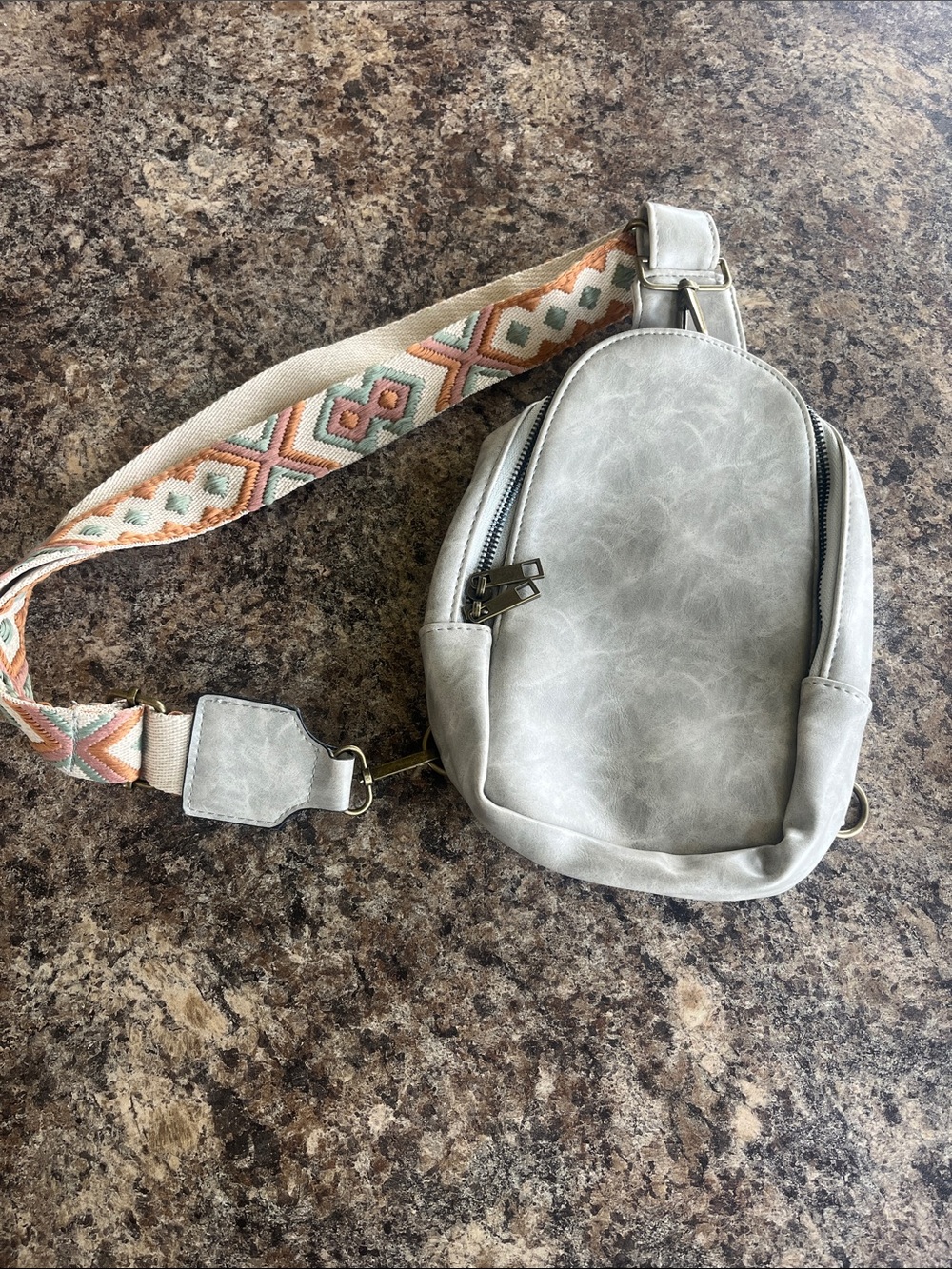 Light Gray Faux Leather Crossbody Sling Bag with Embroidered Strap - Picture 1 of 1